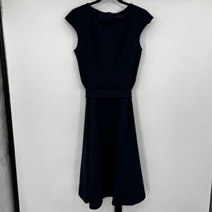 Dress Tells Navy Blue Cap Sleeve Fit and Flare Midi Dress Belt Size Medium Party